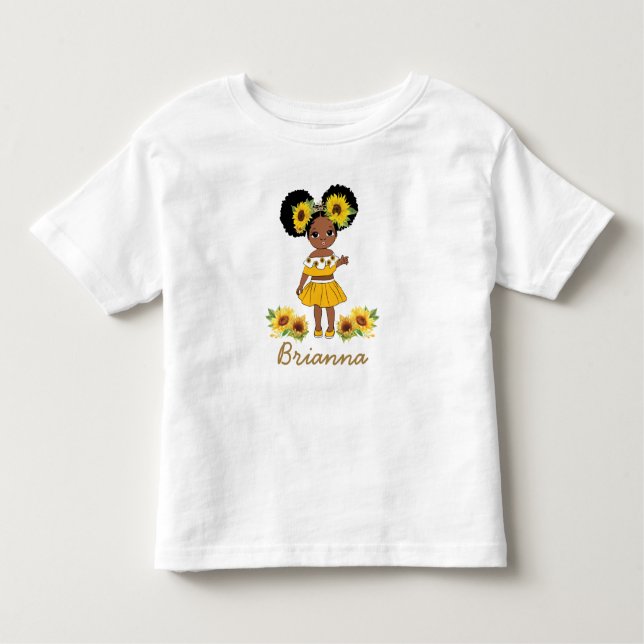 African American Princess Girl Sunflower Puff Hair Toddler T-Shirt (Front)