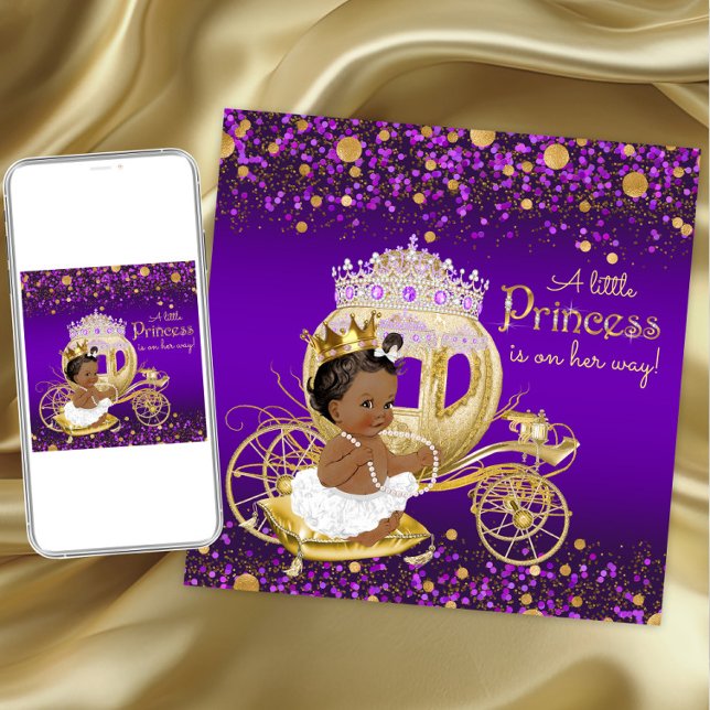 African American Princess Purple Gold Baby Shower Invitation (Purple gold princess baby shower invitation. Instant download and printed invitations available.)