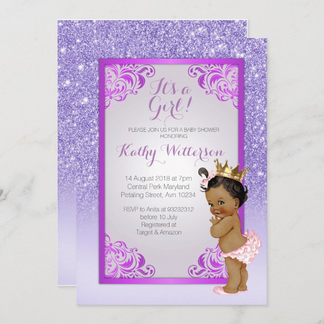 African American Purple Gold Baby Shower Card (Front/Back)