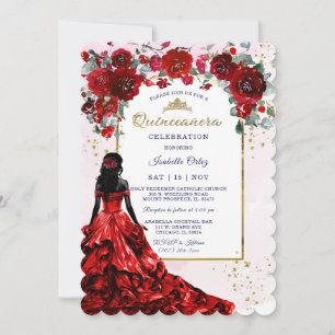 African American Quinceañera Red and Gold Invitation