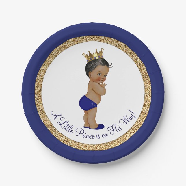 African American Royal Blue Prince Baby Shower Paper Plate (Front)