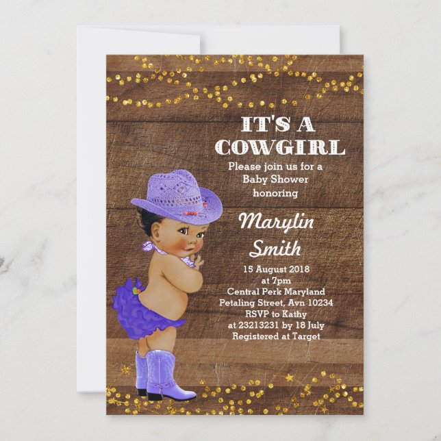 African American Rustic Purple Cowgirl Baby Shower Invitation (Front)