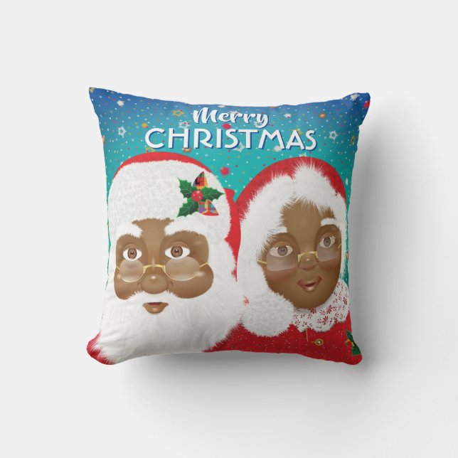 African American Santa and Mrs Claus Christmas Cushion (Front)