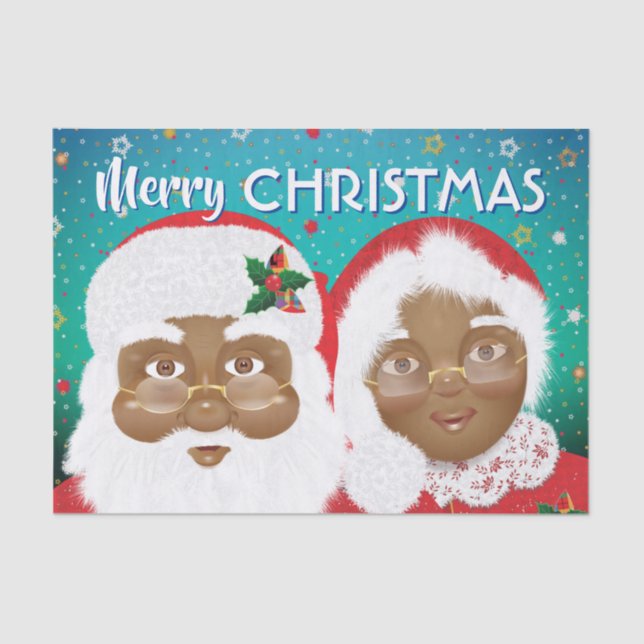 African American Santa and Mrs Claus Christmas Tissue Paper (Front)