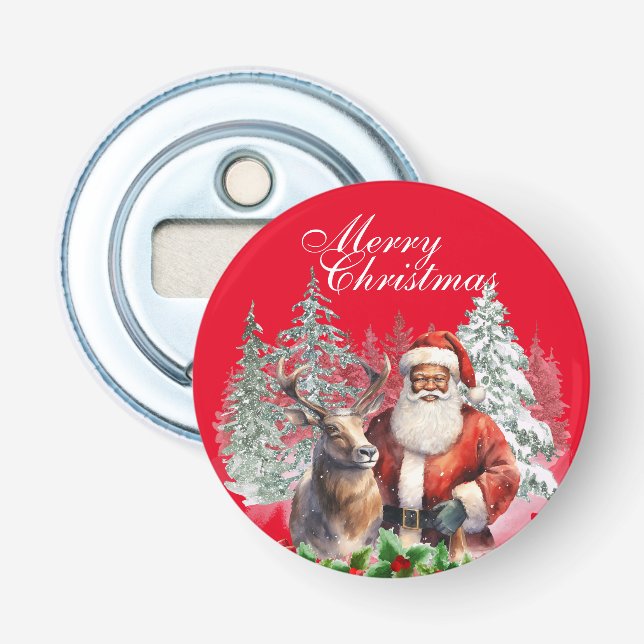 African American Santa Button Bottle Opener (Front)