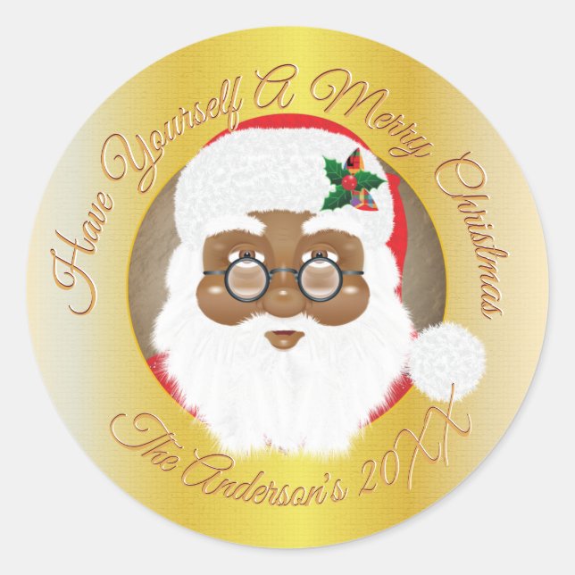 African American Santa Christmas Holiday Gold Classic Round Sticker (Front)