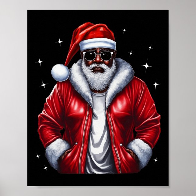 African American Santa Christmas Pajama Cool Black Poster (Front)