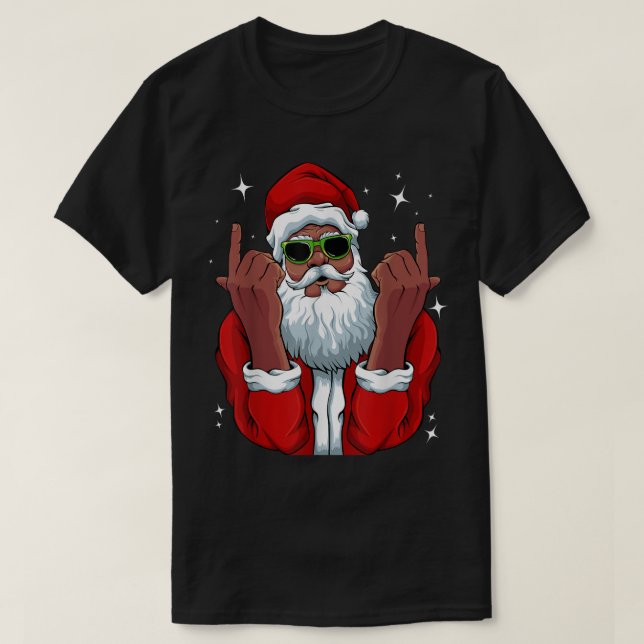 African American Santa Christmas Pajama Cool Black T-Shirt (Design Front)