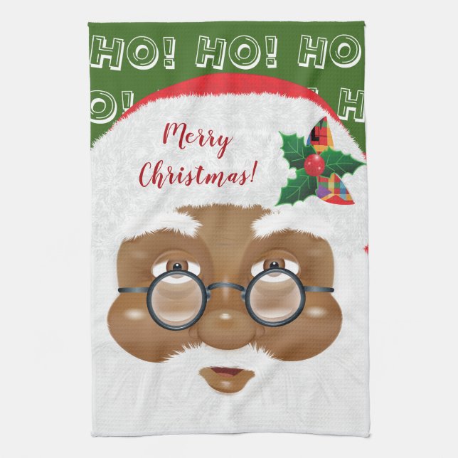 African American Santa Claus Christmas Holiday Tea Towel (Vertical)