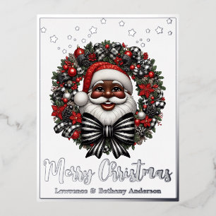 African American Santa Claus Red, Black & White Foil Holiday Postcard