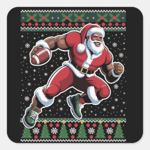 African American Santa Football Ugly Christmas Square Sticker
