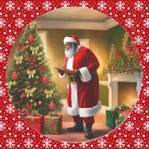 African American Santa Is Checking His List Classic Round Sticker