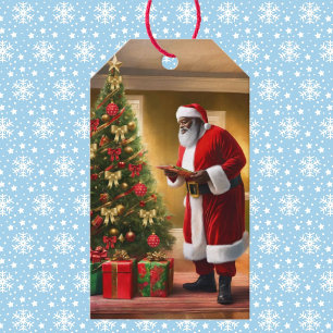 African American Santa Is Checking His List Gift Tags