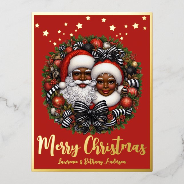 African American Santa & Mrs. Claus Foil Holiday Postcard (Front)