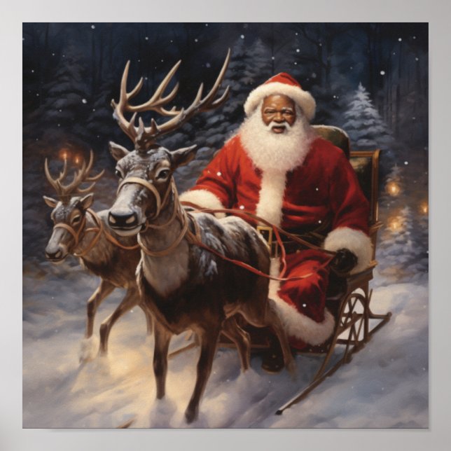 African American Santa Reindeer Game Sleigh Poster (Front)