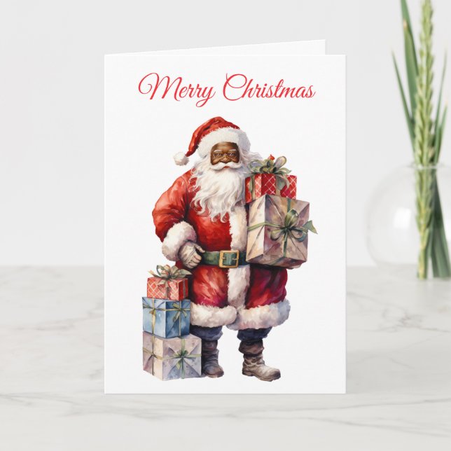 African American Santa with Presents Holiday Card (Front)
