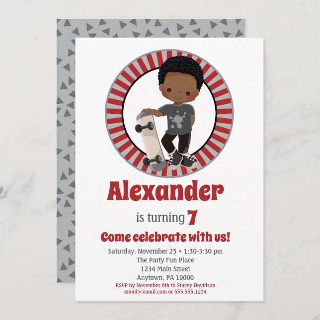 African American Skateboard Boy Birthday Invitation (Front/Back)