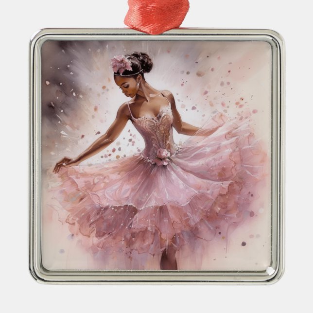 African American SugarPlum Fairy Pink Floral Tutu Metal Tree Decoration (Front)