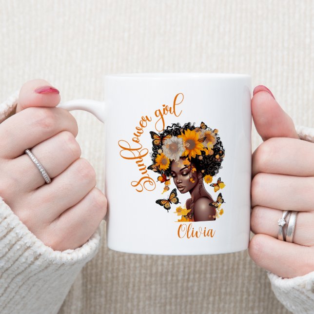 African American Sunflower girl Personalised Two-Tone Coffee Mug (Creator Uploaded)