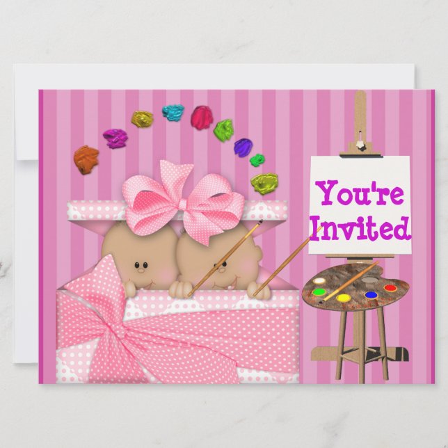 AFRICAN AMERICAN TWIN BABY GIRL SHOWER  INVITATION (Front)