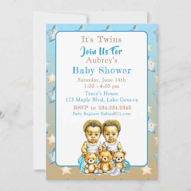 African-American Twin Boy's Blue Baby Shower Invitation (Front)