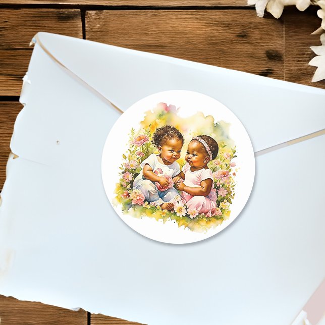 African-American Twin Girl's Baby Shower Classic Round Sticker (Creator Uploaded)