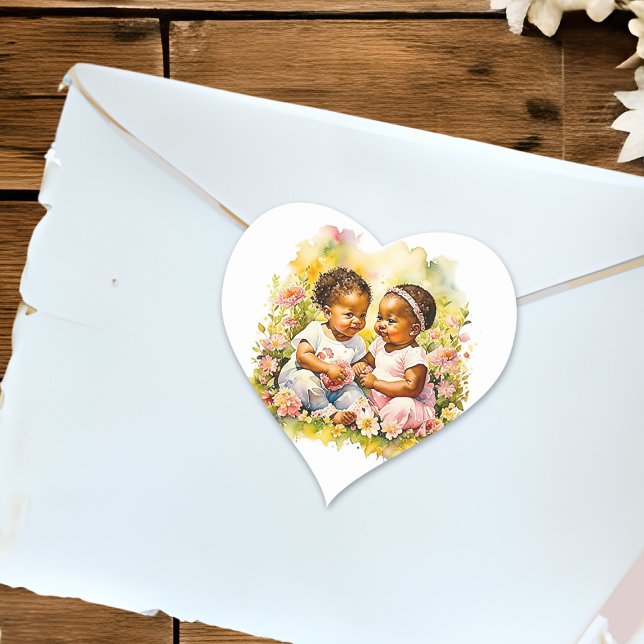 African-American Twin Girl's Baby Shower Heart Sticker (Creator Uploaded)