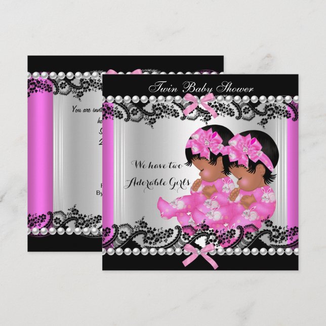 African American Twin Girls Baby Shower Hot Pink 2 Invitation (Front/Back)