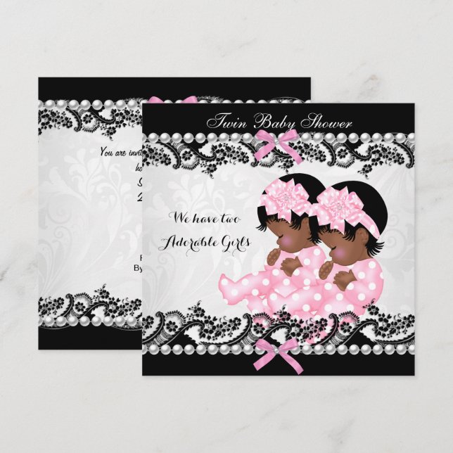African American Twin Girls Baby Shower Pink Invitation (Front/Back)