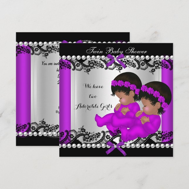 African American Twin Girls Baby Shower Purple Invitation (Front/Back)