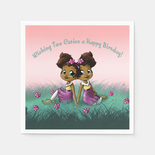 African American Twin Girls Birthday Napkin (Front)