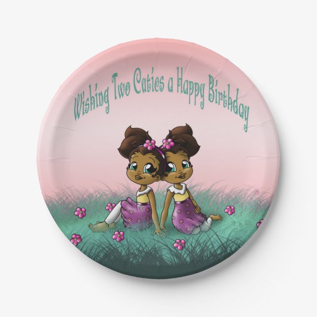 African American Twin Girls Birthday Paper Plate (Front)