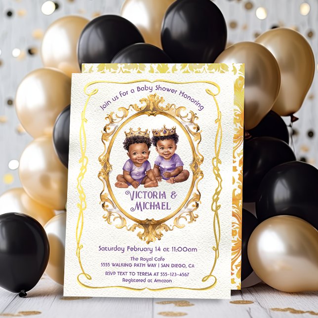 African American Twin Gold Prince Baby Shower Invitation (Creator Uploaded)
