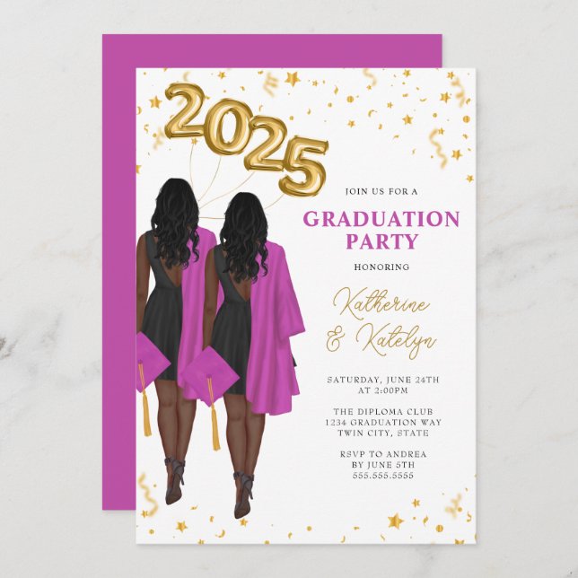 African American Twin Sisters Graduation Party Invitation (Front/Back)
