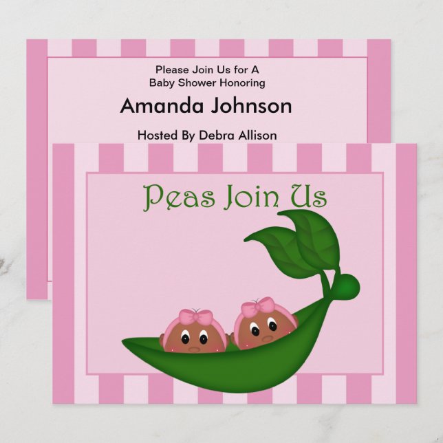 African American Twins Pink Peapod Baby Shower Invitation (Front/Back)