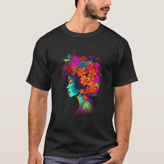 African American Woman Black Girl Flowers Graffiti T-Shirt (Front)