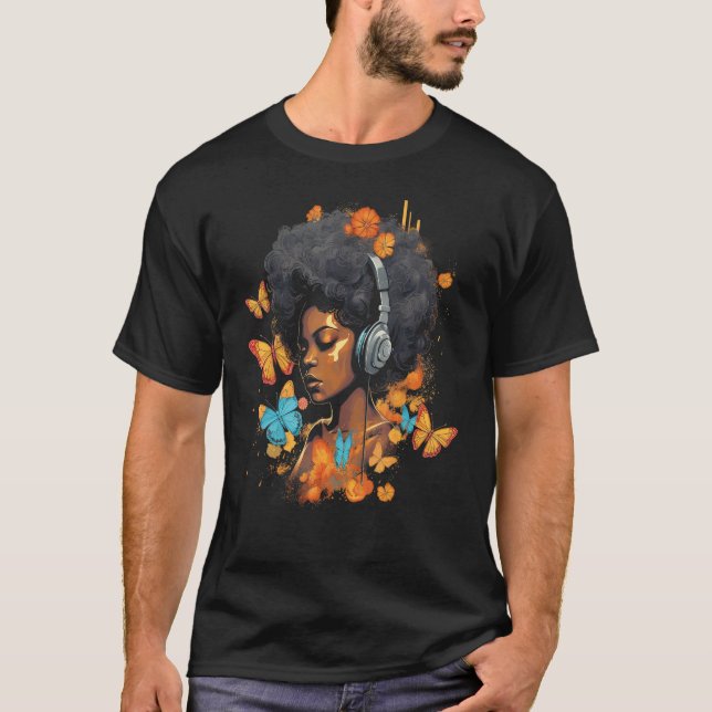 African American Woman Black Girl Headphones Butte T-Shirt (Front)