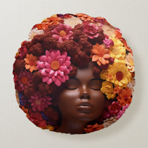 African American Woman Black Queen Melanin Poppin Round Cushion