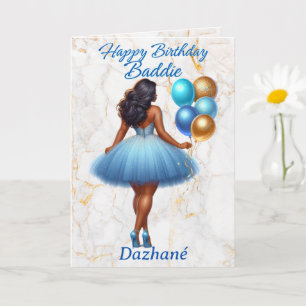 African American Woman Blue & Gold Birthday Card