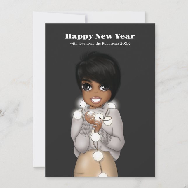 African American Woman Christmas Lights Greeting Holiday Card (Front)