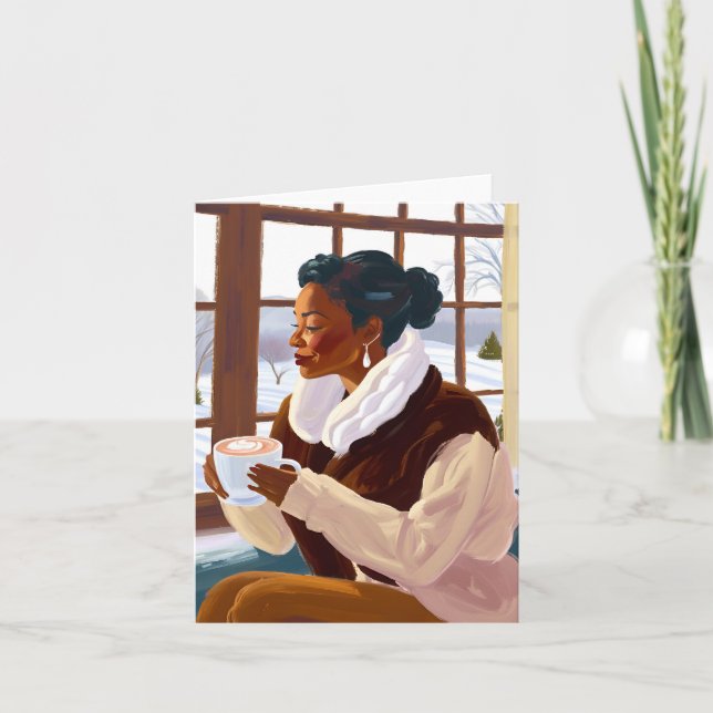 African American Woman Drinking Cocoa in Winter Thank You Card (Front)