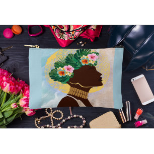 African American Woman Floral Crown Accessory Pouch