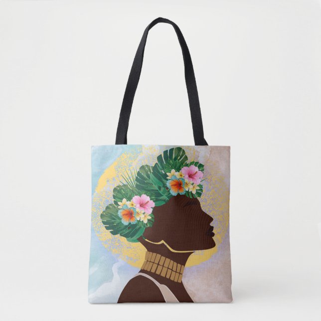 African American Woman Floral Crown Tote Bag (Front)