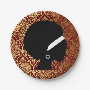 African American Woman on Red Royal Background Paper Plate