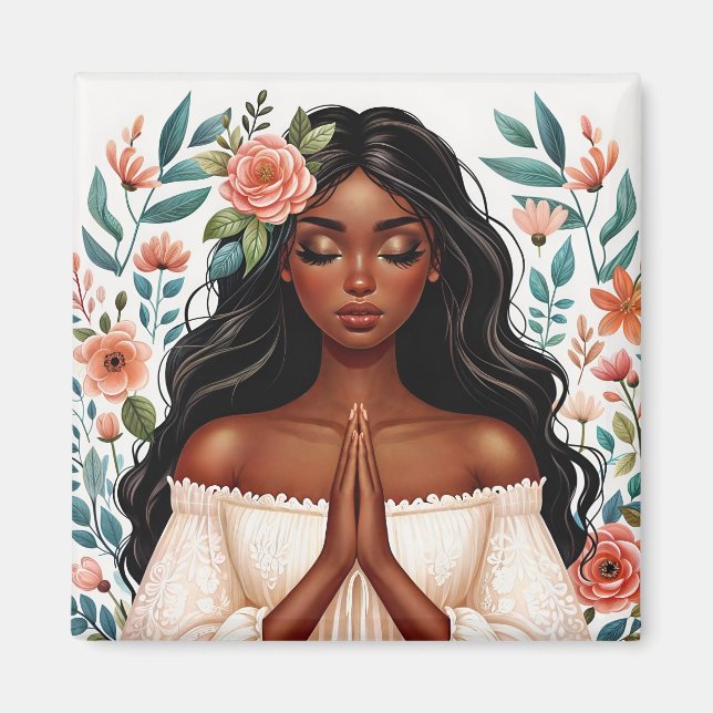 African American Woman Praying Floral Art Magnet (Front)