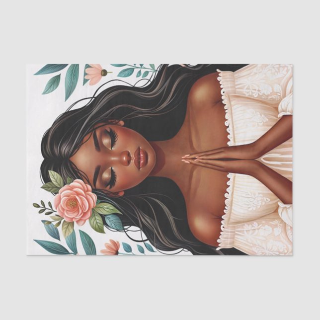 African American Woman Praying Floral Tissue Paper (Front)