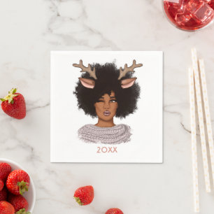African American Woman Reindeer Christmas Napkin