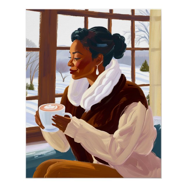 African American Woman Sipping Cocoa in Winter Poster (Front)