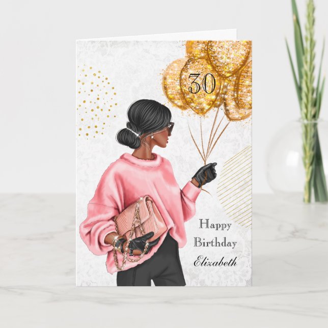 African American Woman with Balloons Birthday Holiday Card (Front)