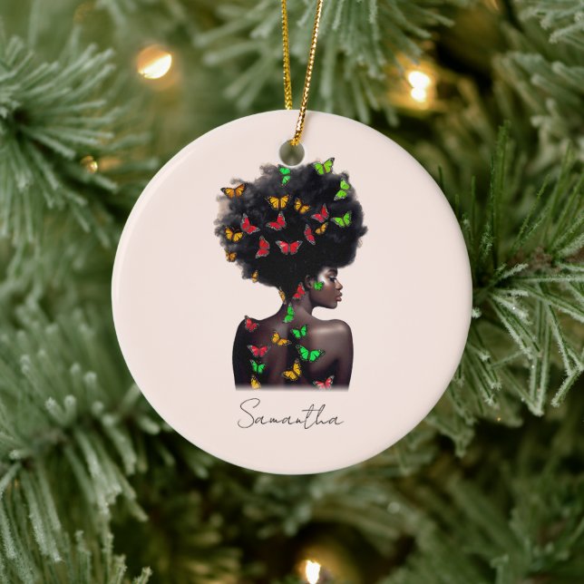 African American Woman with Butterfly-Filled Afro  Ceramic Tree Decoration (Tree)